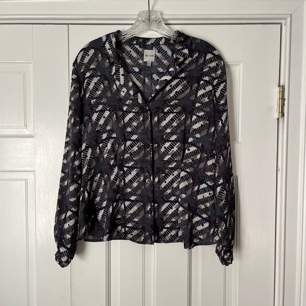 NIC+ZOE Abstract Printed Blouse Plum Rust Taupe Size S